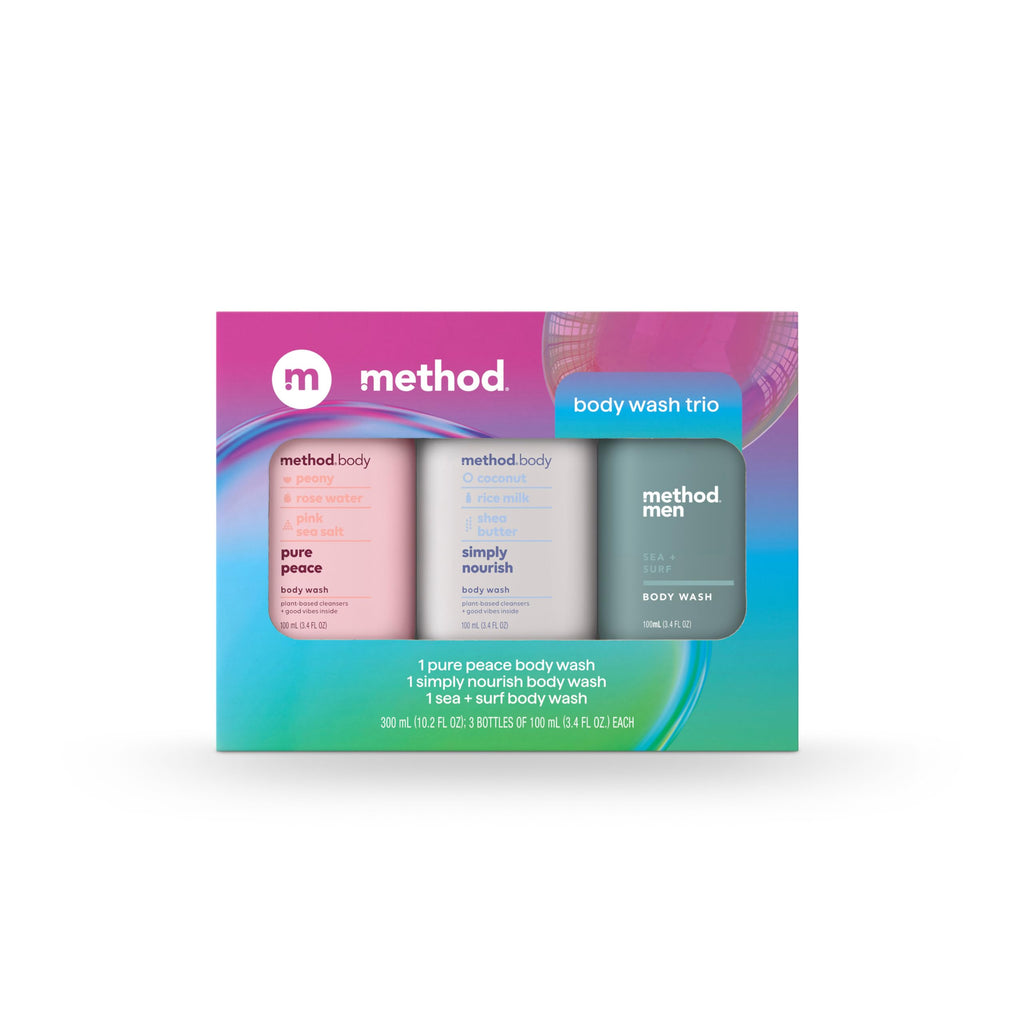 method Body Wash Gift Set, Pure Peace, Simply Nourish, Sea + Surf, 3.4 oz | Travel Size Bottles, Gift Set, Soothing Formulas, Leaves Skin Feeling Soft & Moisturized, Rich Lather, Made Without Parabens