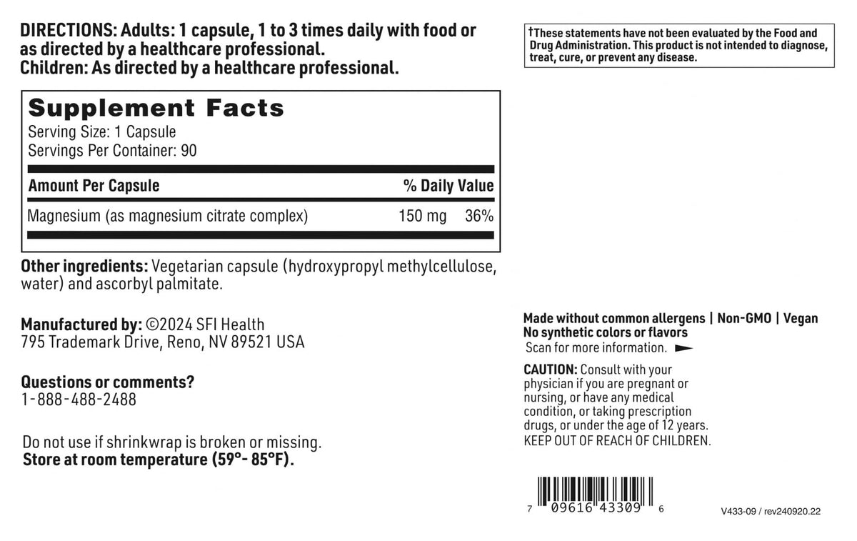 Klaire Labs SFI Health Magnesium Citrate Supplement, 90 Capsules