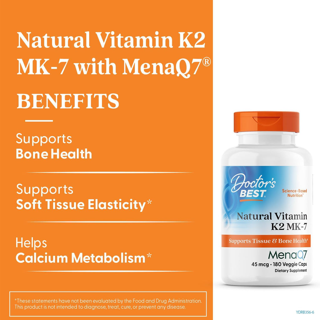 Buy now Doctor's Best Natural Vitamin K2 Mk-7 Capsule , Supports Bone Health & Soft Tissue Elasticity, 180 Ct at indiglob india