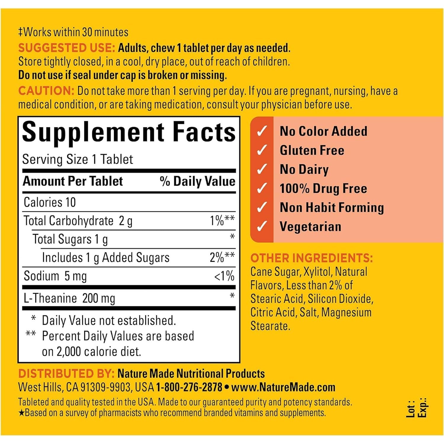 Nature Made Chewable L Theanine 200mg, L-Theanine Supplement for Stress Relief, 50 Chewable Tablets, 50 Day Supply (Pack of 2)