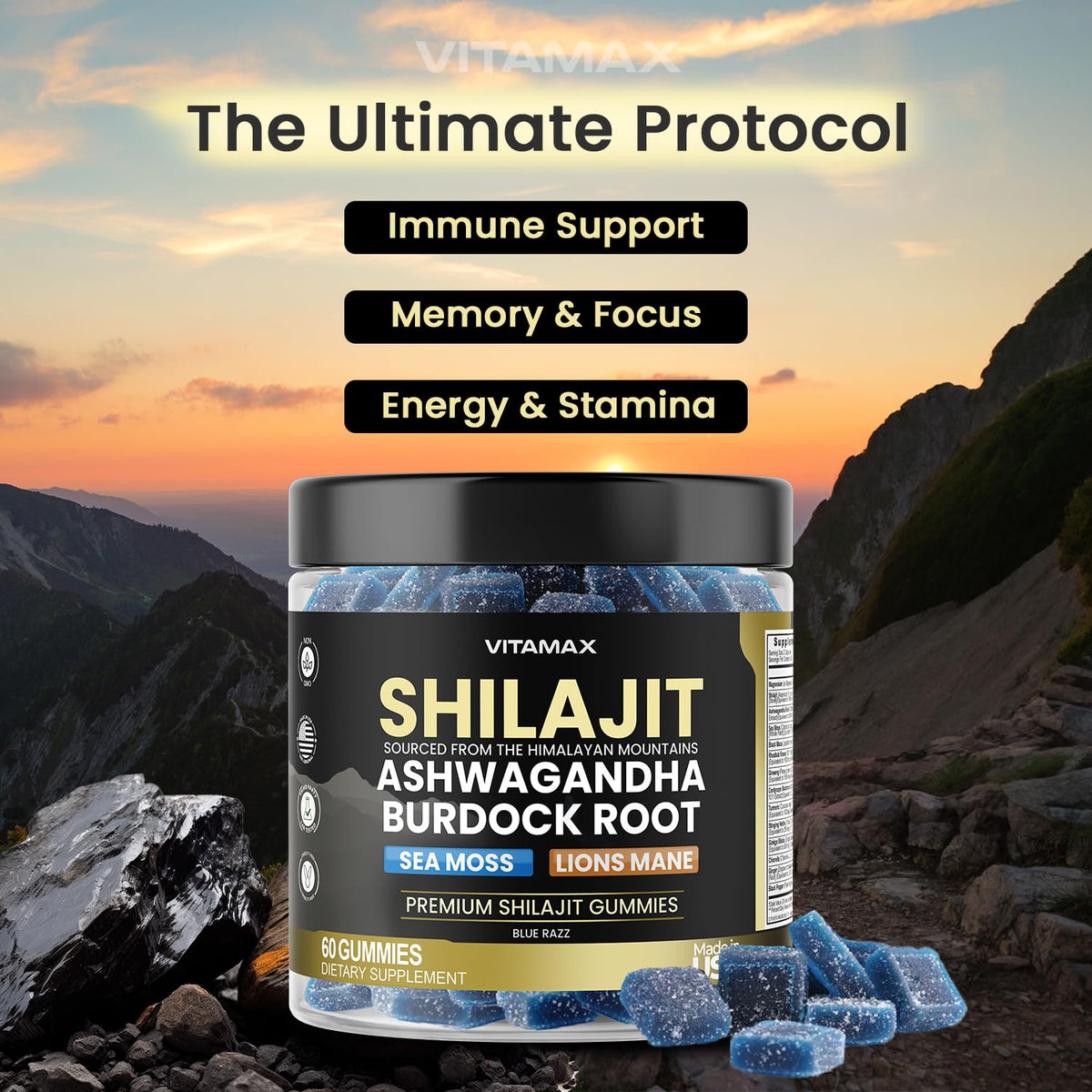 Pure Shilajit Gummies, Sea Moss, Ashwagandha, 105+ Trace Minerals – Organic Burdock Root & Lions Mane Mushroom - Blue Razz – Vegan & Non-GMO – Made in USA – 60ct