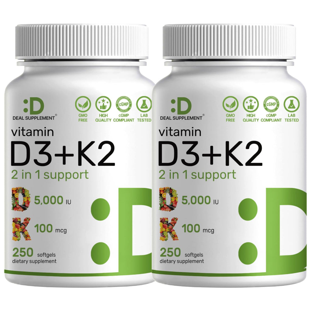 DEAL SUPPLEMENT 2 Pack Vitamin D3 5,000 IU + K2 MK7 Softgels, 500 Count | 2-in-1 Complex | Supports Heart, Bone, Teeth & Immune Health | Easy to Swallow