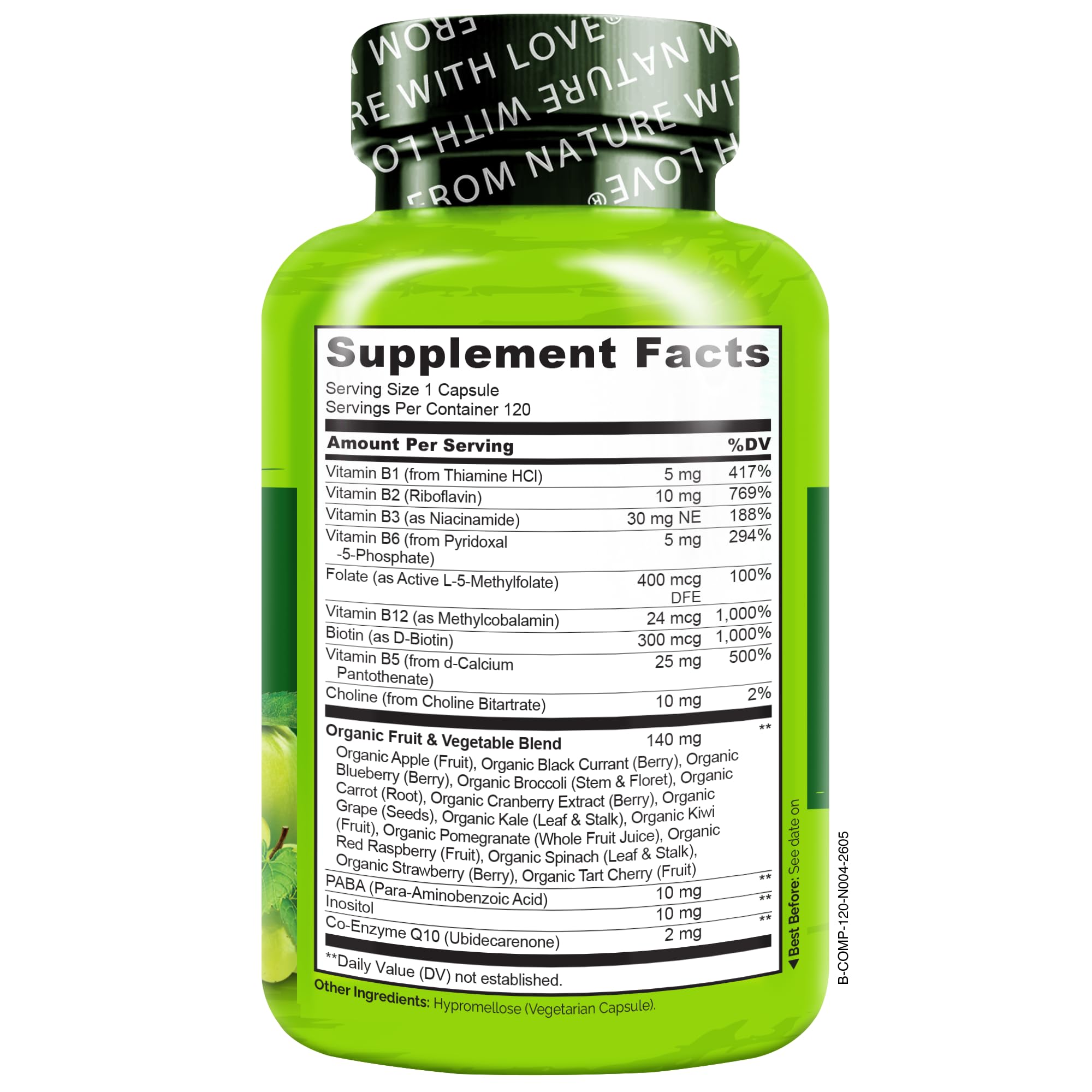 NATURELO Vitamin B Complex, 120 Capsules, Vegan, CoQ10, Methyl Folate | Biotin, Fruit & Vegetable Blend, Supports Energy And Healthy Stress Response, Super B Complex Vitamins for Women and Men
