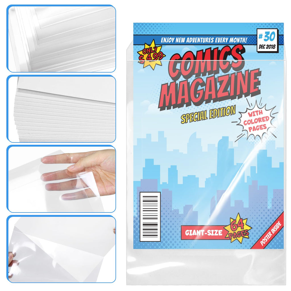 VOKOY 25 Sets Current Size Comic Book Bags and Boards, Reusable Transparent Comic Book Sleeves with Double-Sided White Cardboard Regular Comics Magazine Storage for Collector Small Business