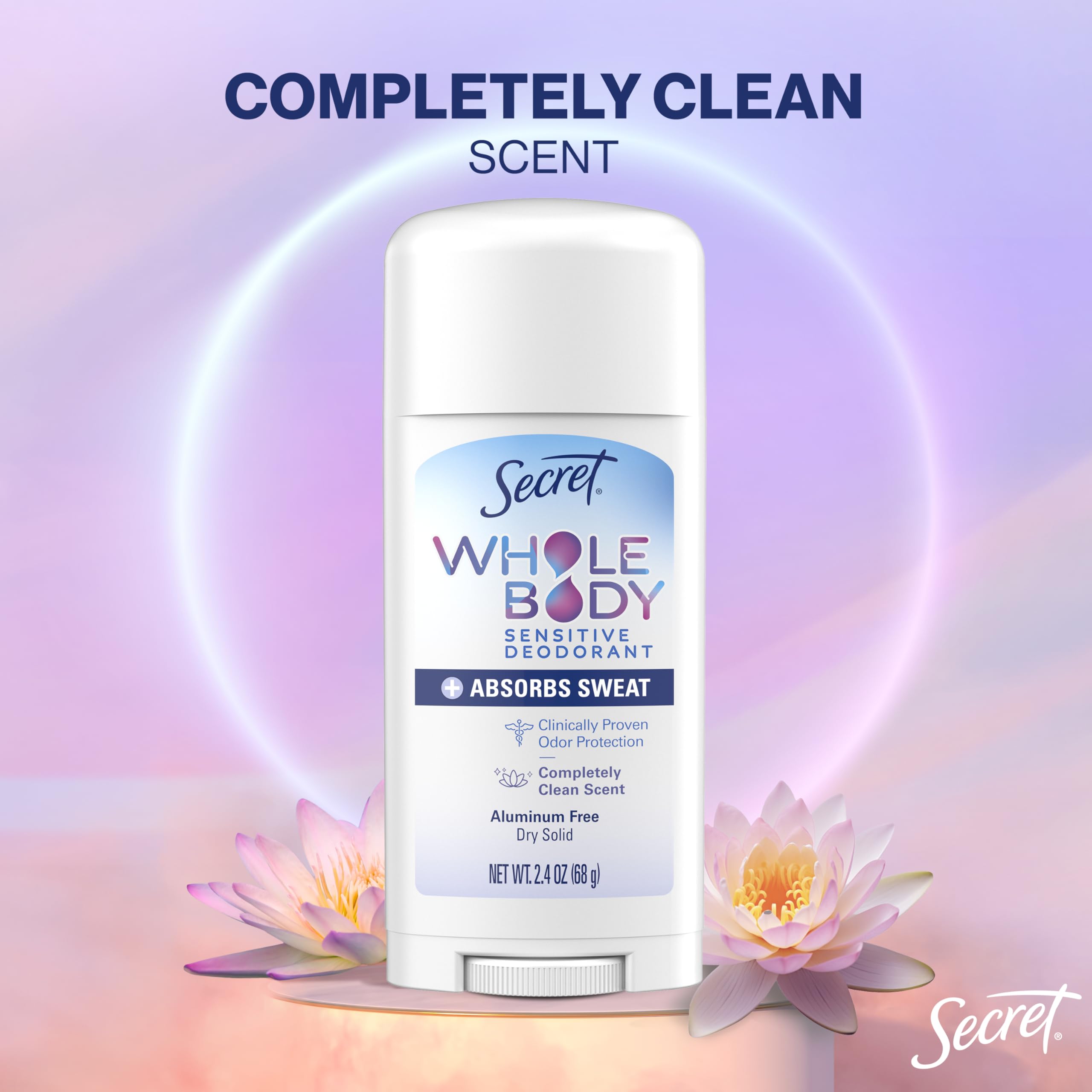 Secret Whole Body Deodorant Dry Feel Stick + Absorbs Sweat for Women, Naturally Derived Ingredients, Completely Clean Scent, Aluminum Free Deodorant Stick, 72 HR Odor Protection, 2.4 oz