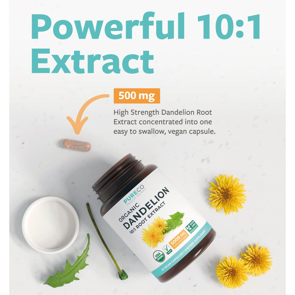 USDA Organic Dandelion Root Extract - High Potency 10:1 Dandelion Root Supplement with 5000mg Herbal Equivalent Strength for Liver Cleanse Detox & Repair Support - Vegan & Non-GMO (2 Month Supply)