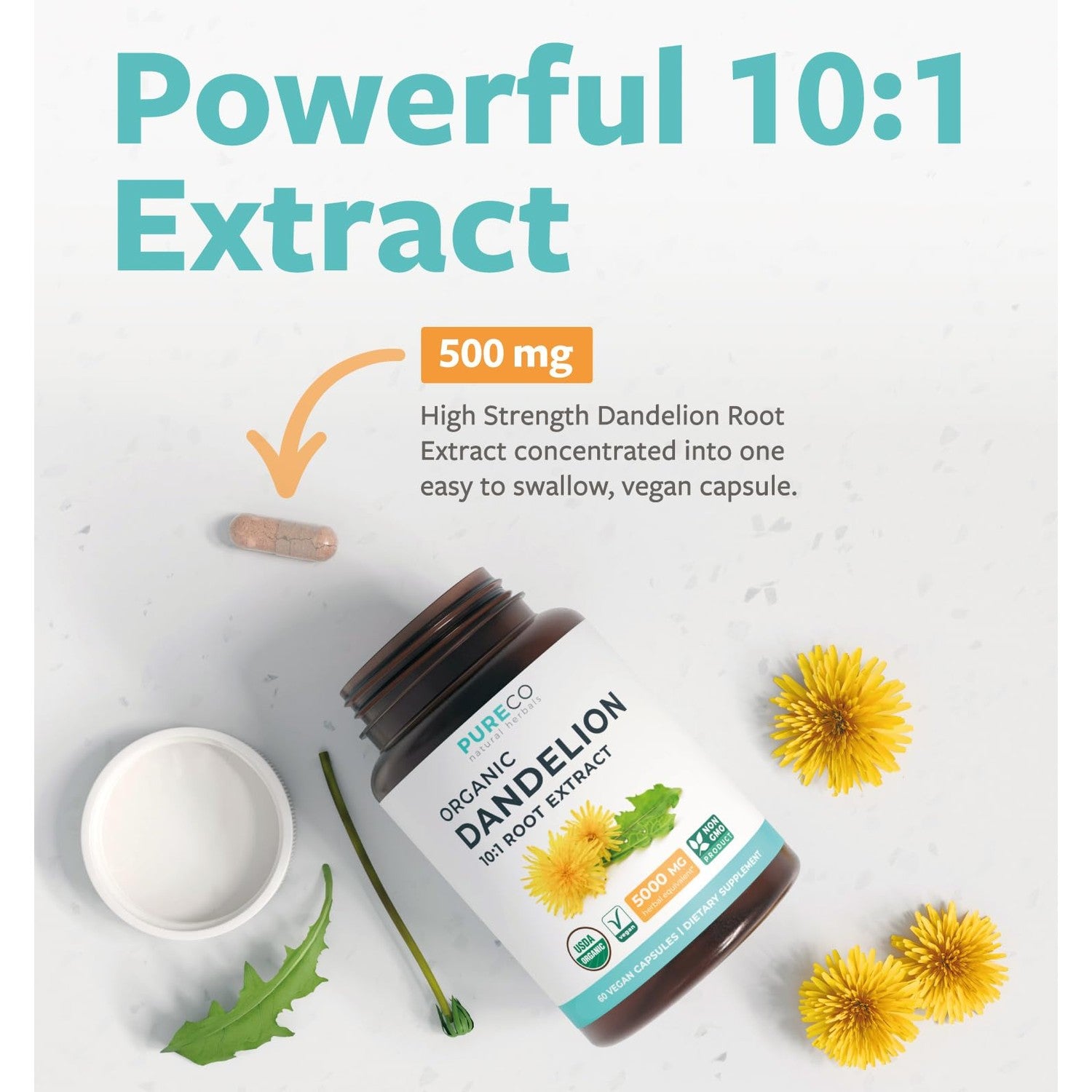USDA Organic Dandelion Root Extract - High Potency 10:1 Dandelion Root Supplement with 5000mg Herbal Equivalent Strength for Liver Cleanse Detox & Repair Support - Vegan & Non-GMO (2 Month Supply)
