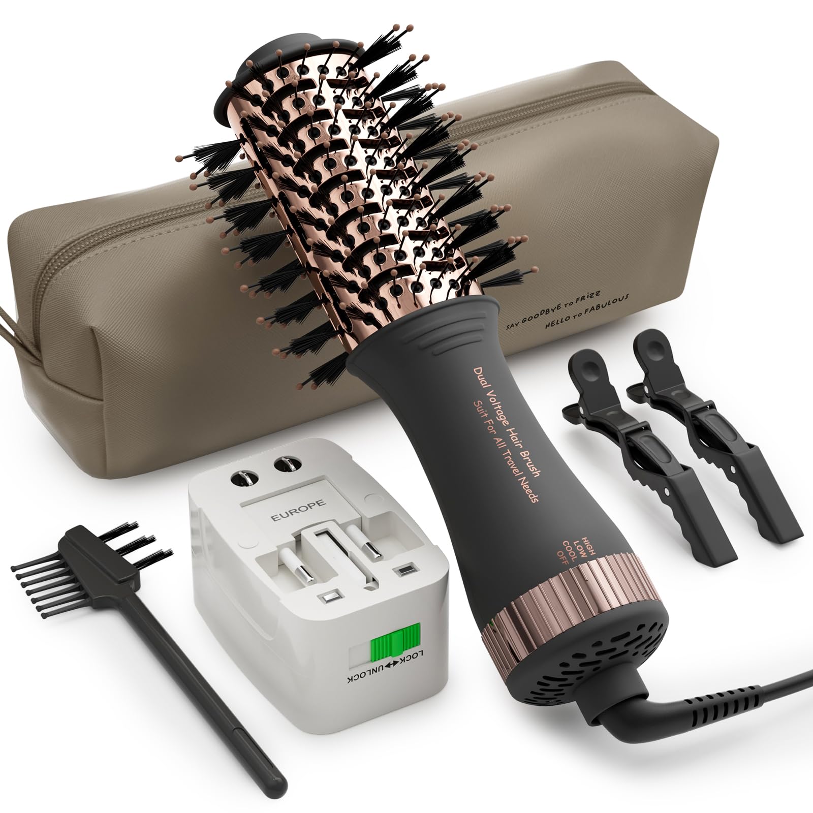 Authentic 4-in-1 travel hair dryer brush with dual voltage, storage case, clips, and adapter. Perfect for styling on the go!