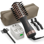 Complete 4-in-1 travel dual voltage hair dryer set with stylish carry case, clips, and universal plug for global use.