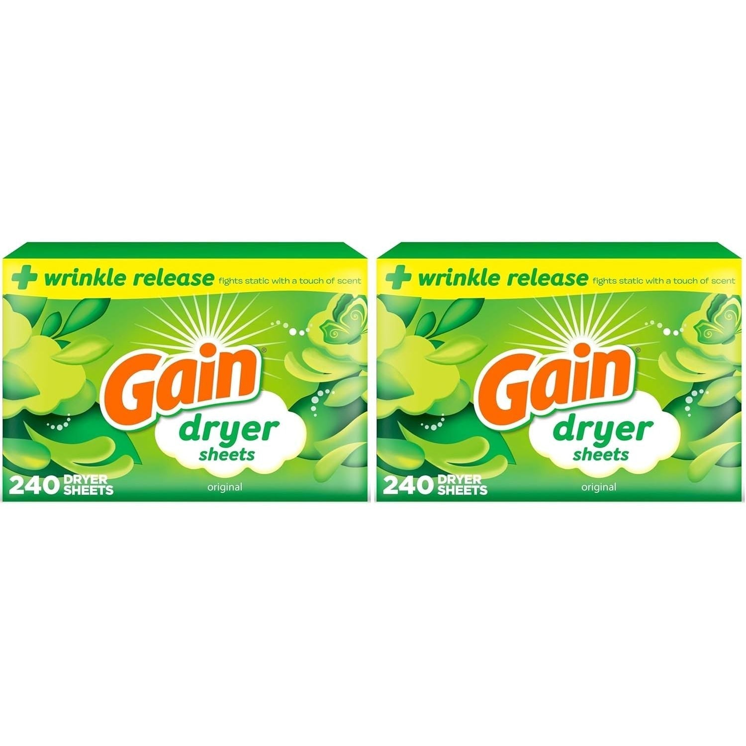 Buy now Gain Dryer Sheets Plus Wrinkle Release, Original Scent, 240 Count, Fights Static With a Touch of Scent, Laundry Sheets 240 Count (Pack of 2) at indiglob india