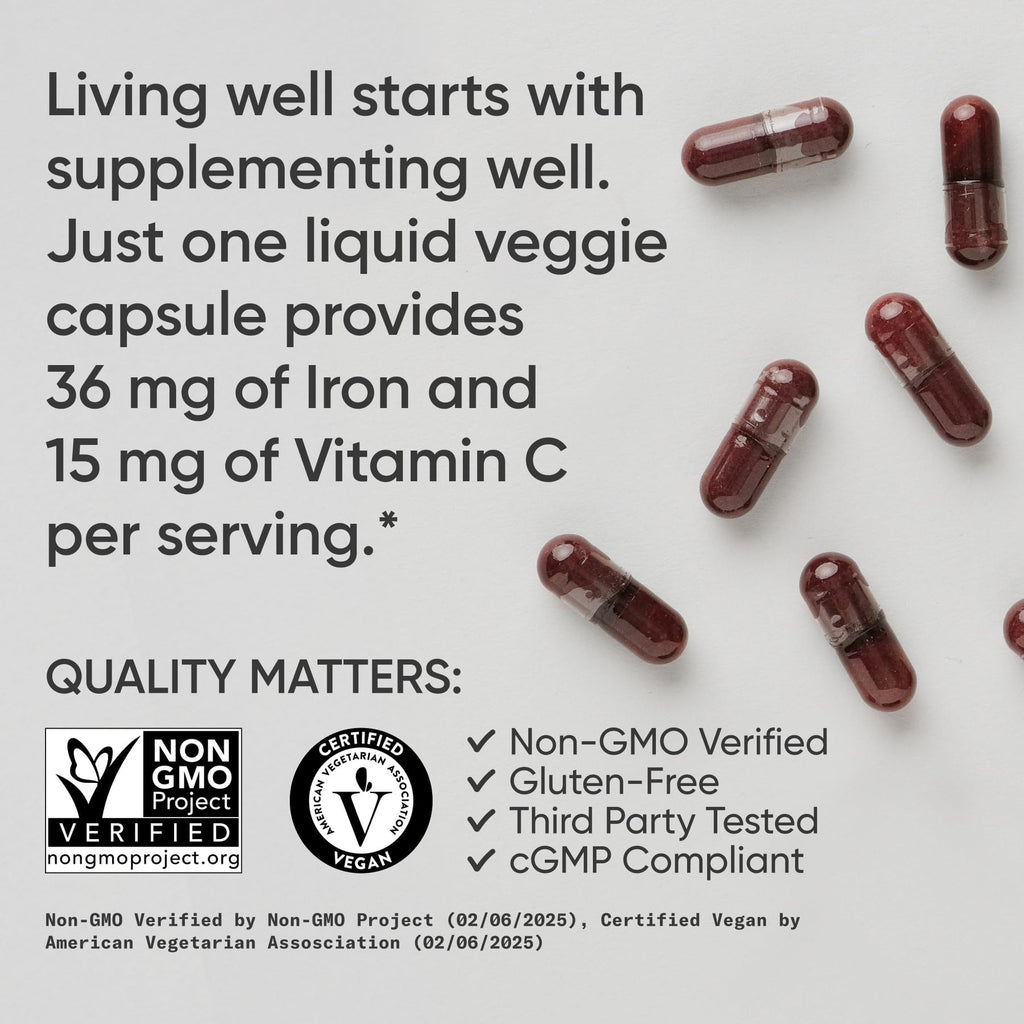 Sports Research® Blood Balance Iron Supplement 36mg, 90 Liquid Caps | 36mg Iron, Folate & Vitamin C for Absorption | Red Blood Cell Support for Women & Men | Vegan Certified, Non-GMO, Gluten-Free