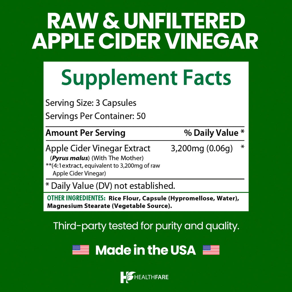 HealthFare Apple Cider Vinegar Capsules with the Mother | Raw, Organic & Unfiltered ACV | 150 Vegan Pills | Maximum Strength Supplement for Detox & Digestion | Non-GMO, Gluten-Free, Made in USA