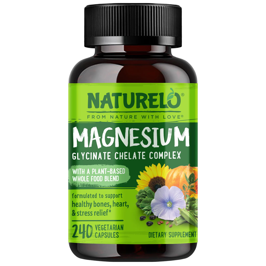 NATURELO Magnesium Glycinate Chelate Complex - 200 mg Magnesium, 120 Count | Support Sleep, Calm, Muscle Cramp & Stress Relief, Gluten Free, Non GMO, with Organic Vegetables