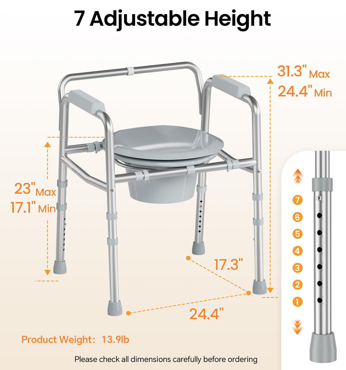 soundfuse 3 in 1 Bedside Commode Toilet for Seniors, Sturdy Dual-Crossbar