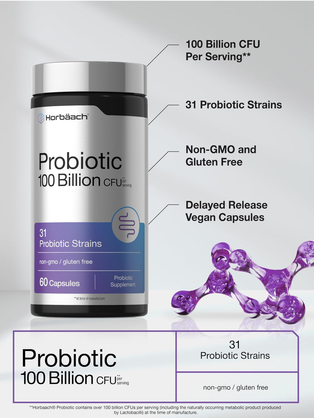 Horbäach Probiotic 100 Billion CFU | 60 Capsules | 31 Probiotic Strains
