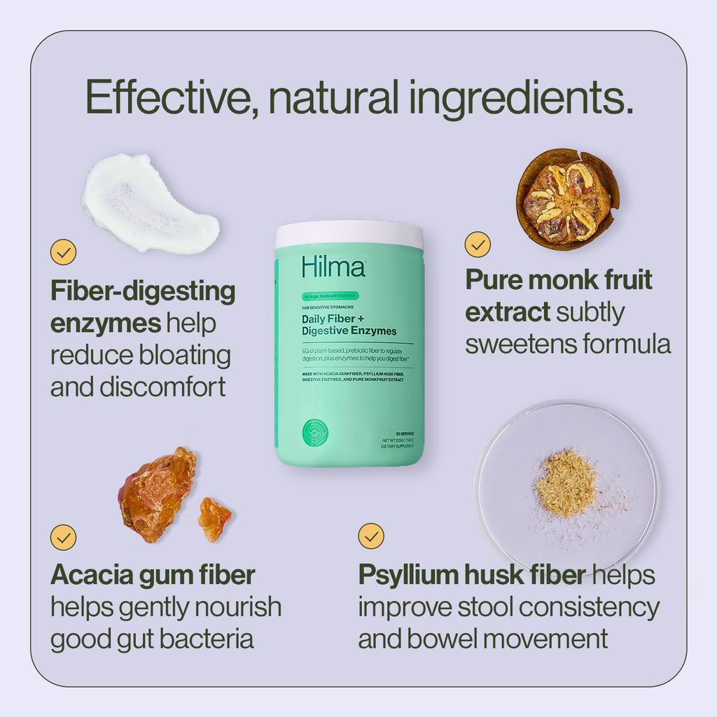 Hilma Daily Fiber and Digestive Enzymes Powder, Vegan, 30 Servings | Fiber Supplement with Digestive Enzymes & Prebiotic Soluble Fiber, Acacia Gum & Psyllium Husk, Regularity & Digestion Support