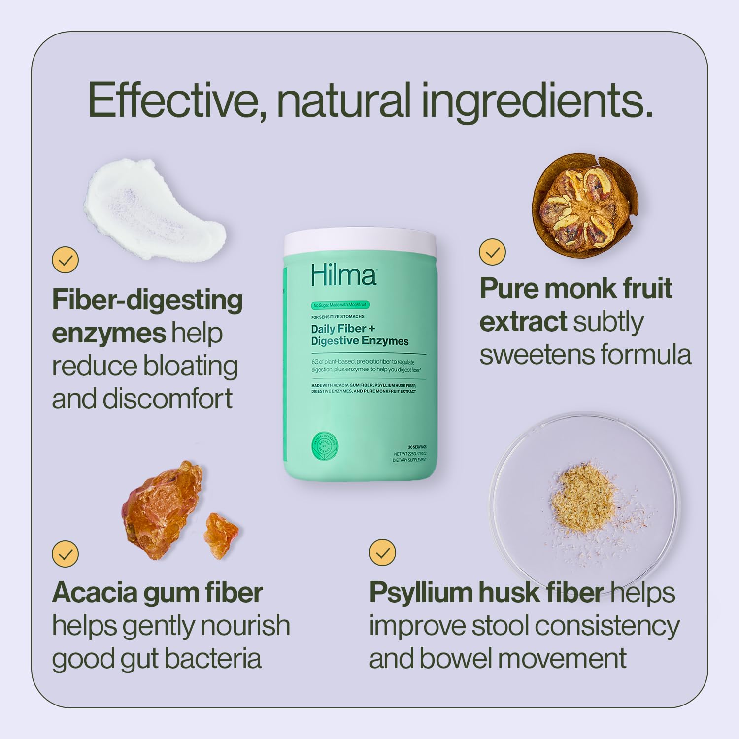 Hilma Daily Fiber and Digestive Enzymes Powder, Vegan, 30 Servings | Fiber Supplement with Digestive Enzymes & Prebiotic Soluble Fiber, Acacia Gum & Psyllium Husk, Regularity & Digestion Support