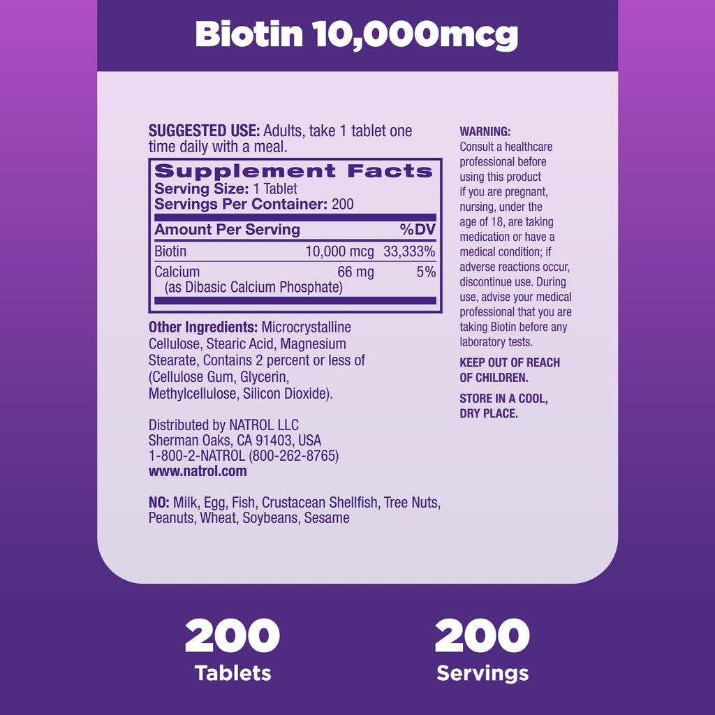 Natrol Biotin 10000mcg, for Healthy Hair, Skin & Nails, 200 Tablets | Support Healthy Hair, Skin and Nails for Those Low in Biotin, Support Healthy Carbohydrate, Fat & Protein Metabolism