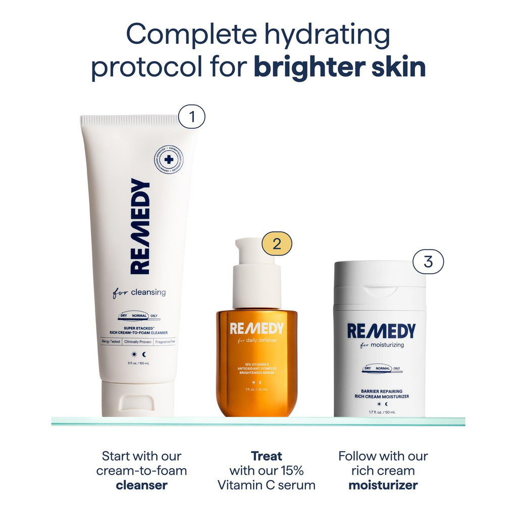 REMEDY for Daily Defense, 15% Vitamin C Complex Brightening Serum | Stabilized Vitamin C with Next-Gen Antioxidants, Ferulic Acid, Ectoin, Fragrance Free, By Dermatologist Dr. Shah, 1 fl oz