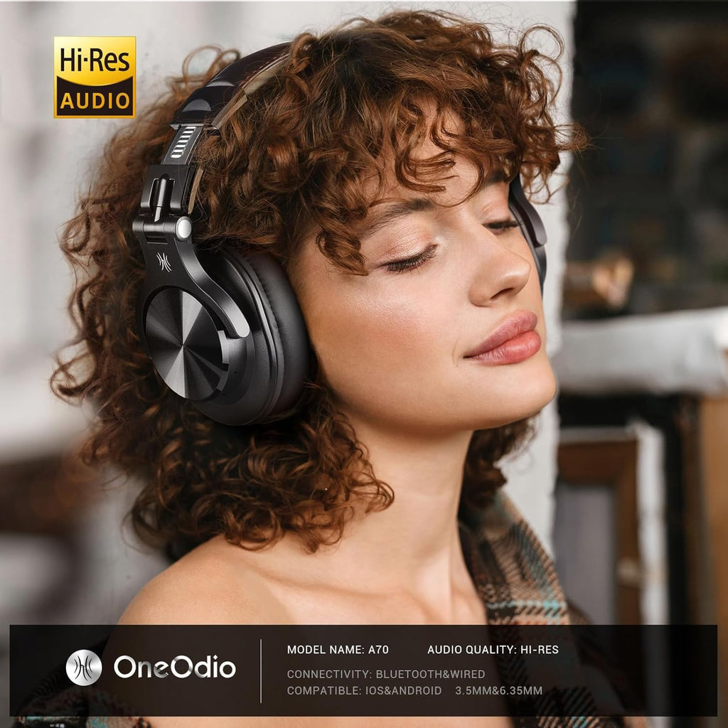 Buy now OneOdio A70 Bluetooth Over Ear Headphones, Wireless Headphones with 72H Playtime, Hi-Res, Built-in Mic, 3.5mm/6.35mm Wired Audio Jack for Studio Monitor & Mixing DJ Guitar AMP, Computer PC Gaming at indiglob india