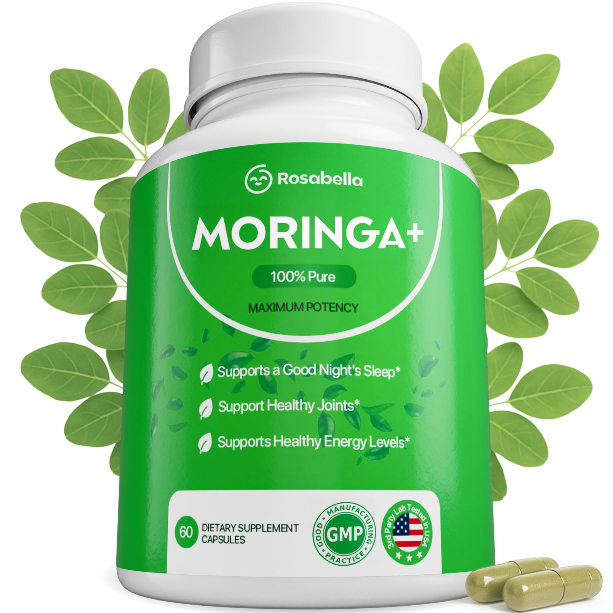 Rosabella Moringa+ Capsules - Pure Moringa Powder, Energy, Skin, Immune & Gut Health Superfood, Rich in Antioxidants, Essential Vitamins & Amino Acids, Natural Green Superfood Supplement - 60 Count