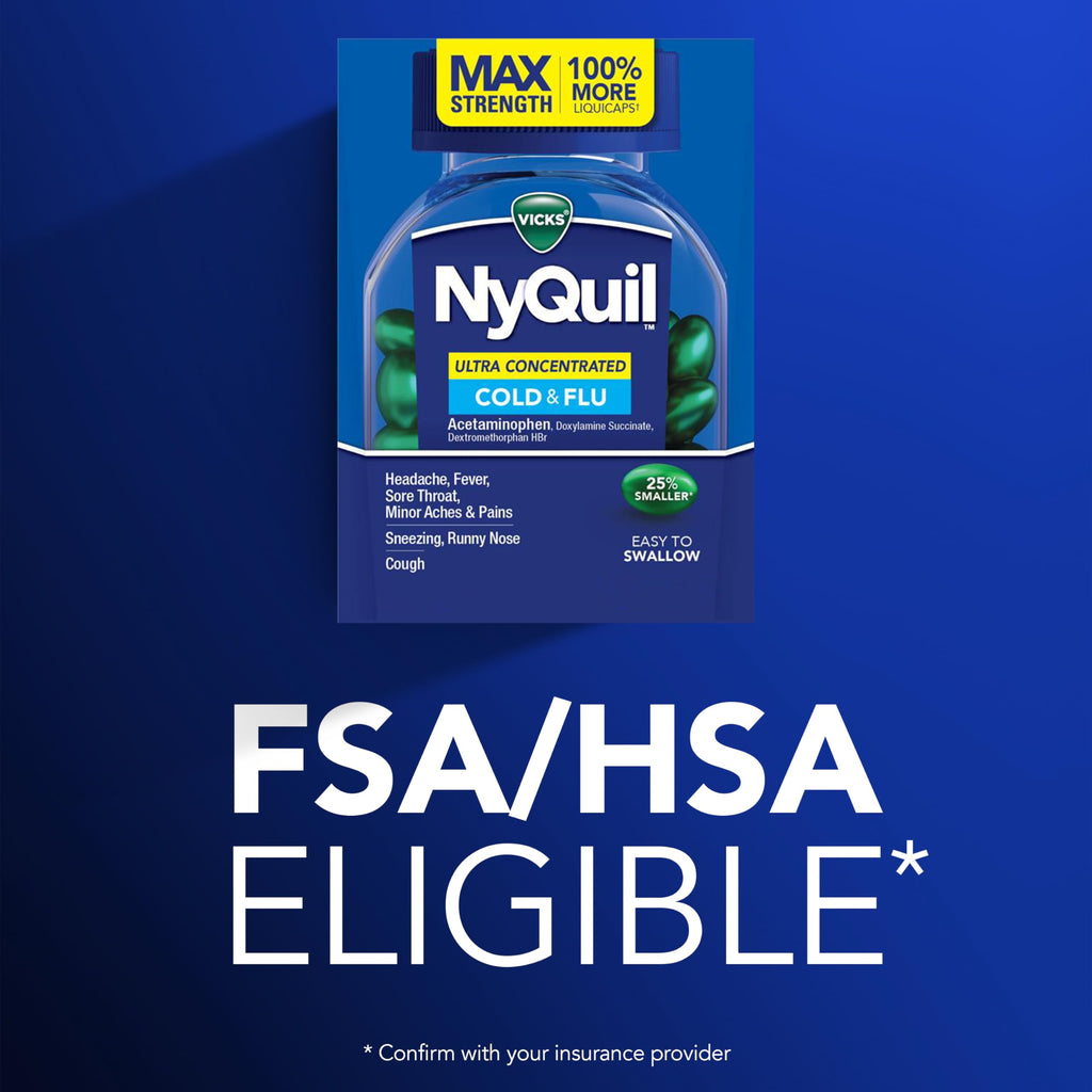 Buy now NyQuil Ultra Concentrated Cold and Flu Medicine, Nighttime, Relief for Cough, Sore Throat, Fever, Congestion, Easy to Swallow, Easy to Open Bottle, 48 LiquiCaps at indiglob india