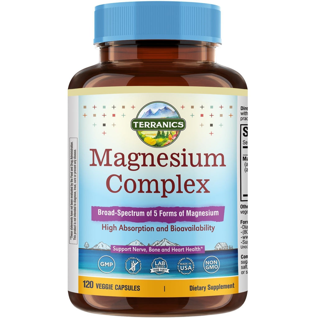 Terranics 5-in-1 Magnesium Complex Supplement 500mg, 120 Vegan Capsules | 5 Forms High Absorption Magnesium Glycinate Citrate Malate Aspartate Gluconate for Sleep Heart Health, Non-GMO