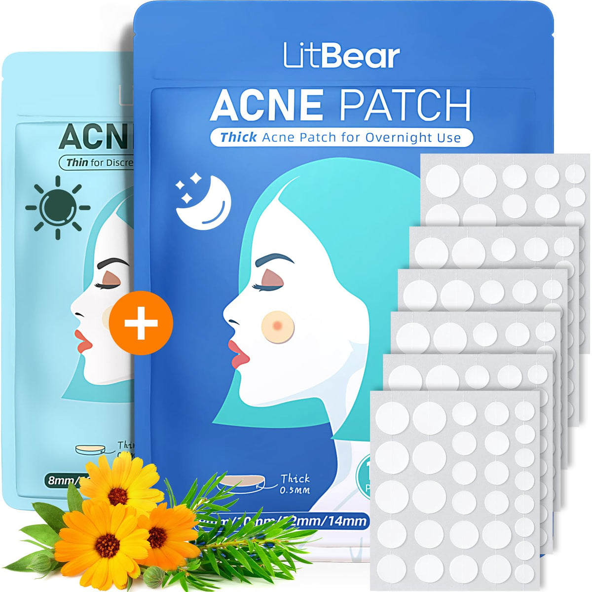 LitBear Acne Pimple Patches- Day and Night 4 Sizes 180 Dots Thin & Thick Hydrocolloid Patches with Witch Hazel, Tea Tree & Calendula Oil, Pimple Stickers for Covering Zits, Blemishes, Spots, Acne Dots