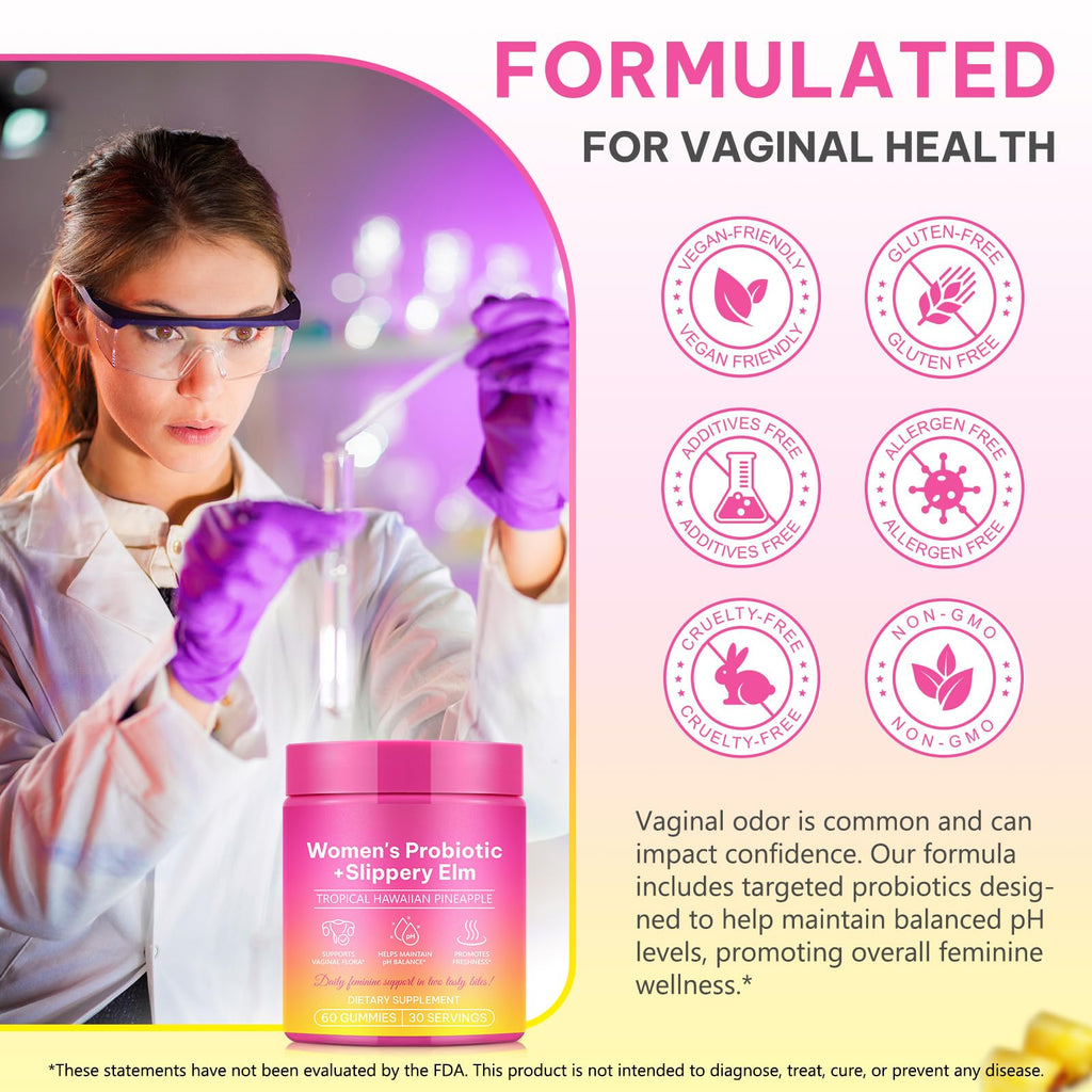 2Pack Feminine Probiotics Gummies,Vaginal Women Probiotic,Feminine Balance pH Gummies for Healthy Odor,Improve Immune,Support Vaginal Health,with Slippery Elm(60 Gummies)