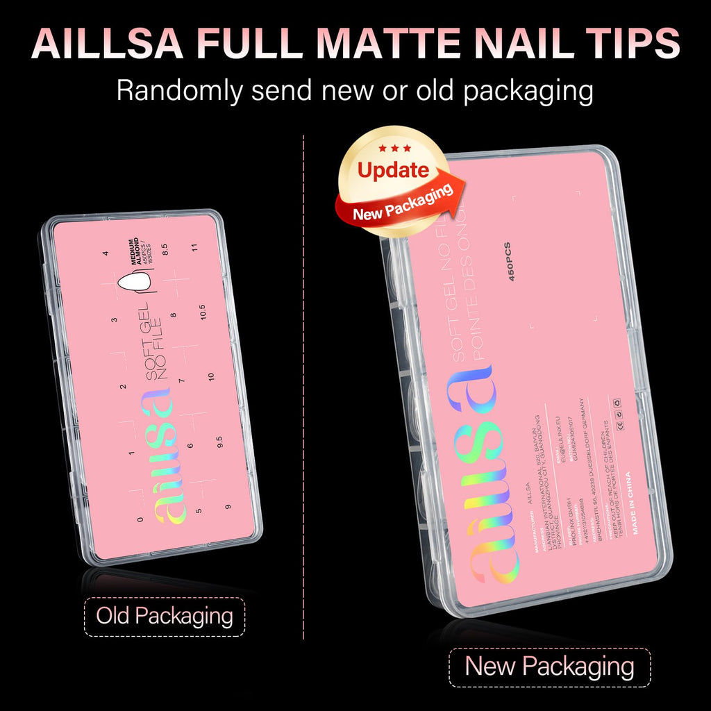 AILLSA Short Almond Nail Tips, 450 pieces, available in new or old packaging. Verified by CuratCart for quality assurance.