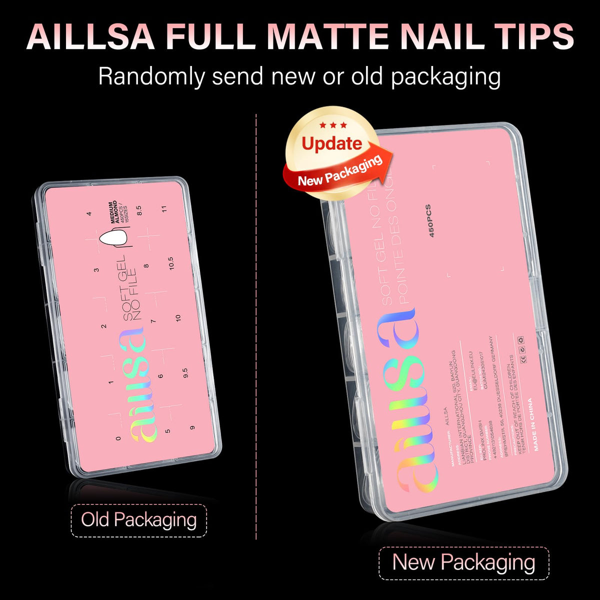 AILLSA Short Almond Nail Tips, 450 pieces, available in new or old packaging. Verified by CuratCart for quality assurance.