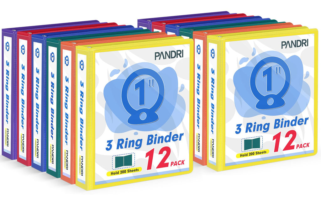 PANDRI 12 Pack 1-inch 3 Ring Binders with 2 Interior Pockets, 6 Colors