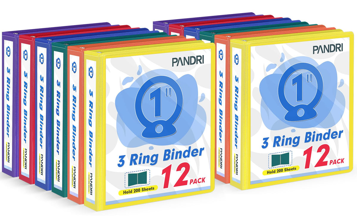 PANDRI 12 Pack 1-inch 3 Ring Binders with 2 Interior Pockets, 6 Colors