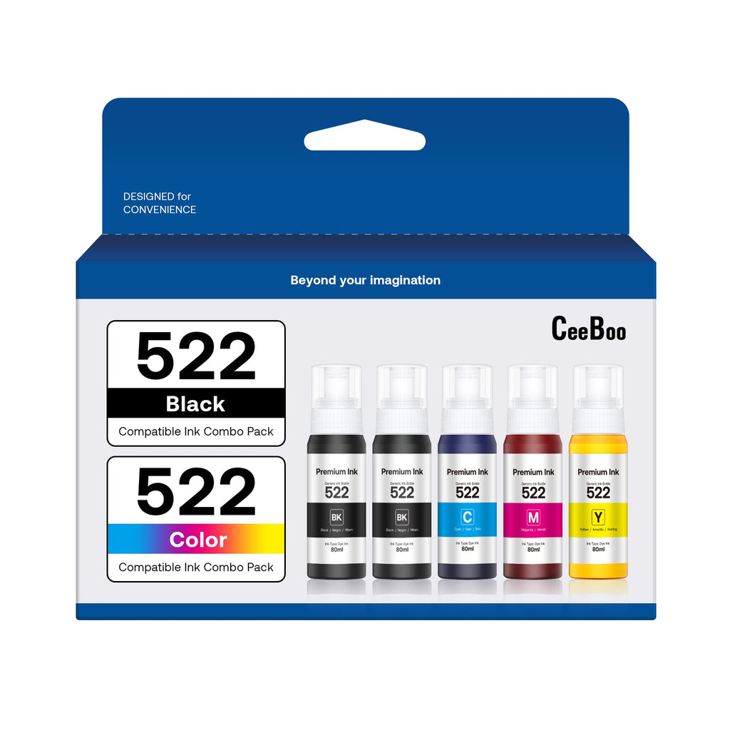 CEEBOO 522 High Capacity (5 Bottles) Refill Ink Replacement for Epson Compatible 522 (Not Sublimation) Use for EcoTank ET-2803 ET-2800 ET-2720 ET-4800 Printer