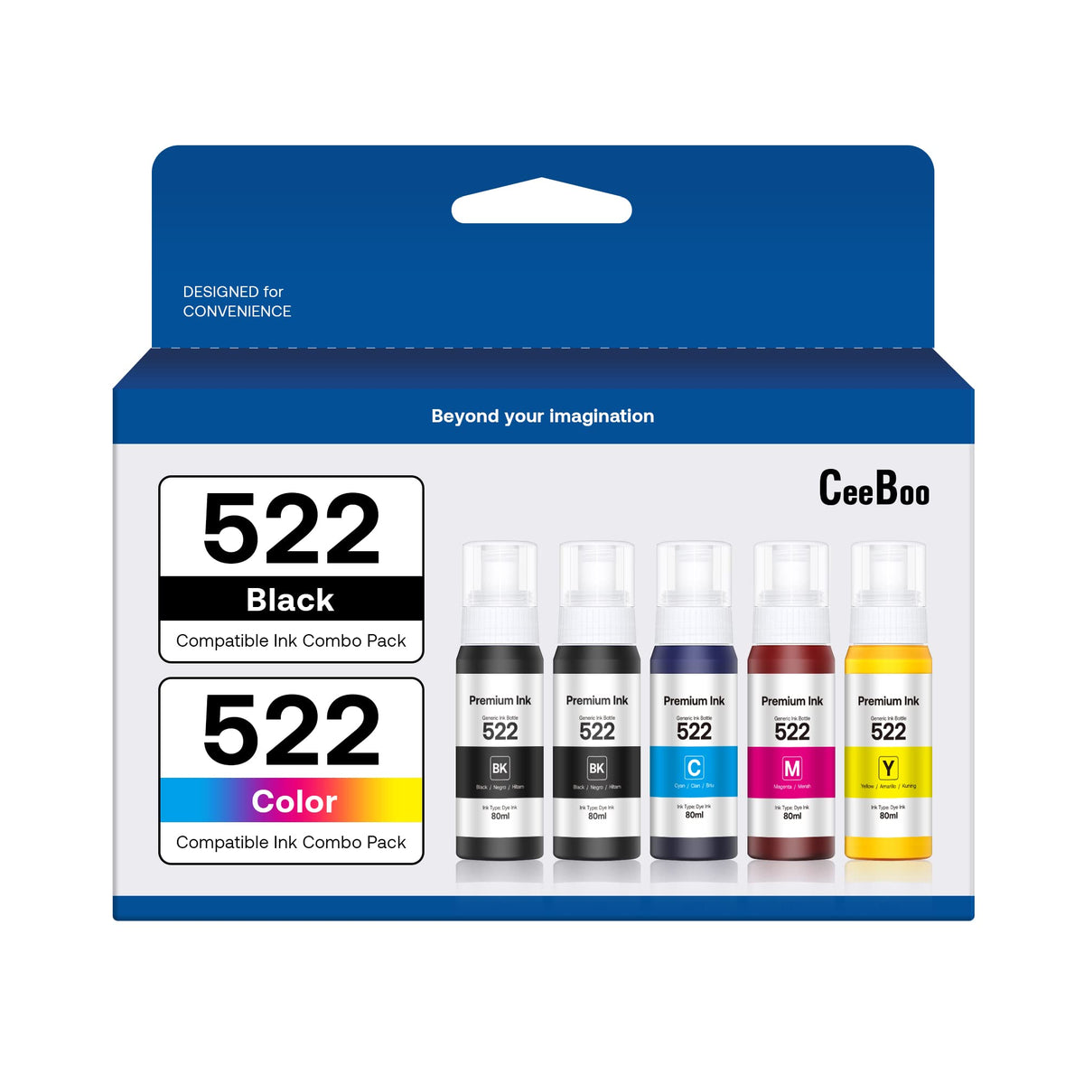 CEEBOO 522 High Capacity (5 Bottles) Refill Ink Replacement for Epson Compatible 522 (Not Sublimation) Use for EcoTank ET-2803 ET-2800 ET-2720 ET-4800 Printer