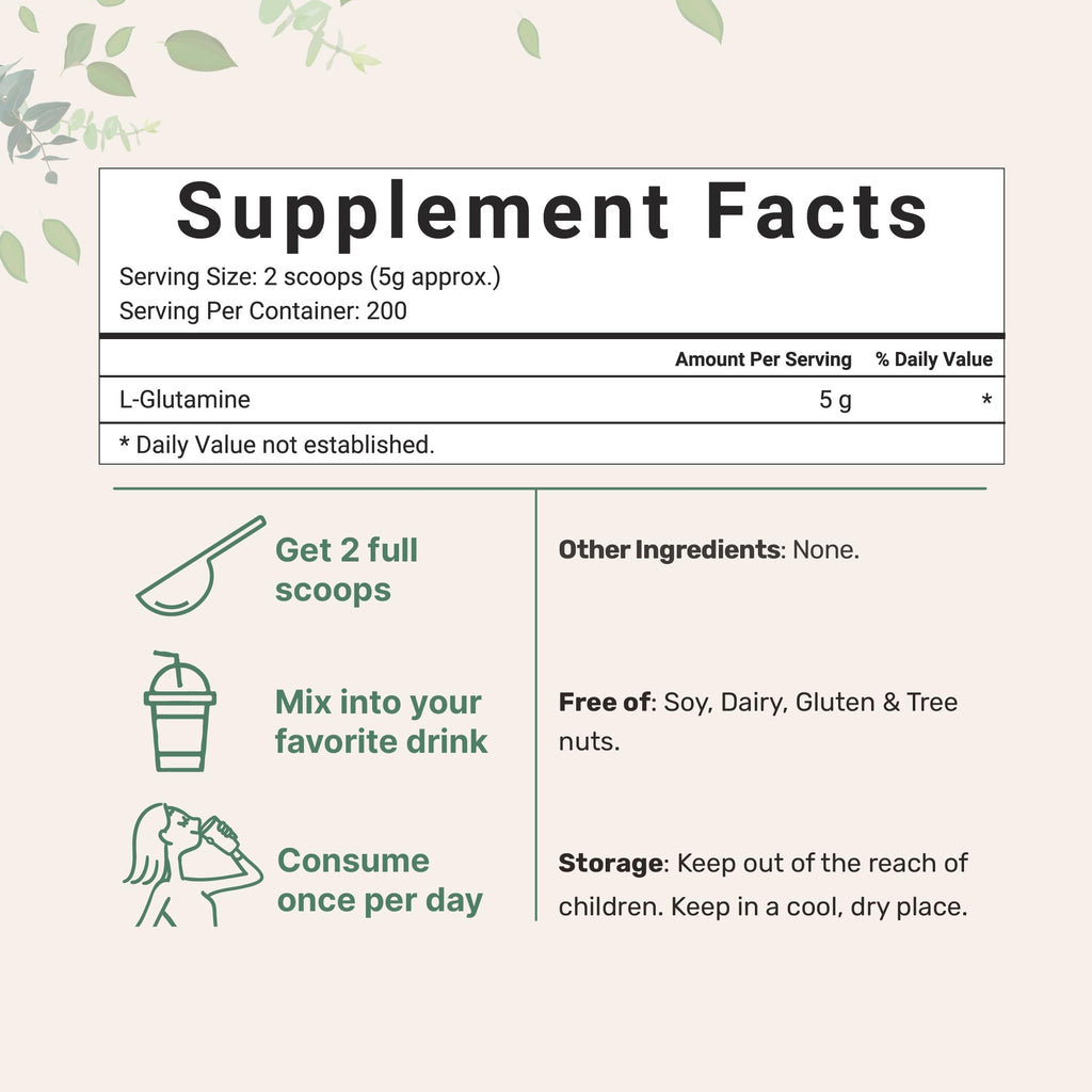 Pure L-Glutamine Powder, 2.2lbs (1kg) | Free Form Amino Acid | Unflavored Glutamine Supplement | Non-GMO, Vegan Friendly