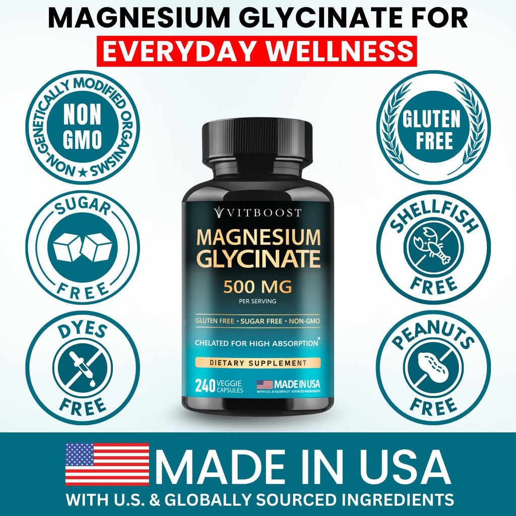 VITBOOST Magnesium Glycinate 500mg - Support Sleep 240 Veggie Capsules