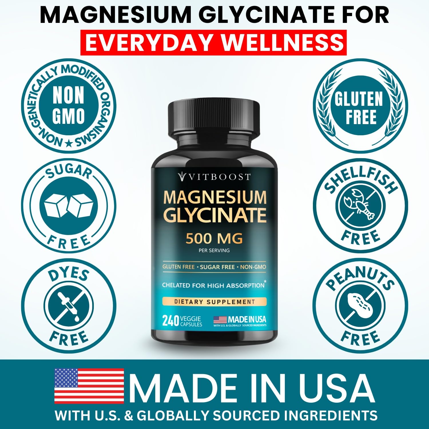VITBOOST Magnesium Glycinate 500mg - Support Sleep 240 Veggie Capsules