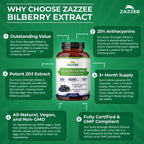 Zazzee Extra Strength Bilberry 20:1 Extract, 25% Anthocyanins, 100 Capsules