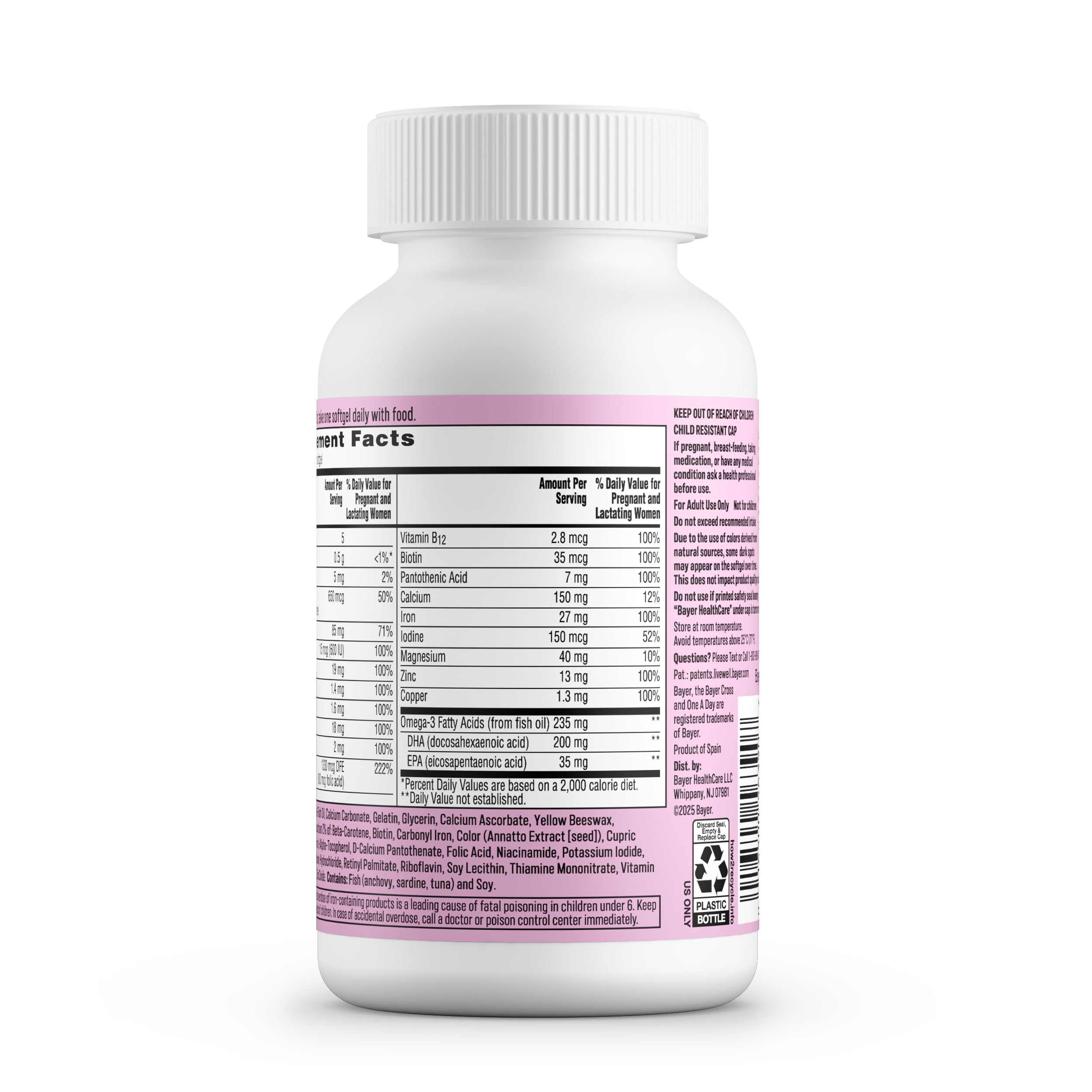 One A Day Prenatal Vitamins- Folic Acid, Iron, Omega- 3 (DHA), Pregnancy Vitamins for Women, Prenatal Multivitamin for Mom and Baby Support, Pregnancy Must Haves 90 Ct (Packaging May Vary)