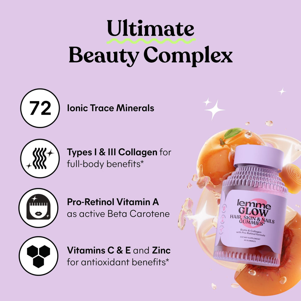 Lemme Glow Collagen Gummies for Strong Nails & Healthy Skin, 30-Day Supply | Strong hair & nails, Healthy Skin, Peptides, Biotin, Trace Minerals, Zinc, Vitamins A, C & E, Dairy & Gluten Free