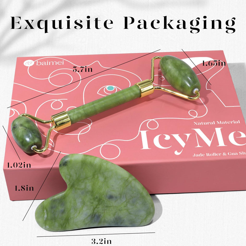 BAIMEI IcyMe Gua Sha & Jade Roller Set for Facial Sculpting and Relaxation | Cooling Face Roller & Guasha Tool for Face Depuffing & Jawline Definition, Beauty Skin Care Tool Gifts for Women–Green