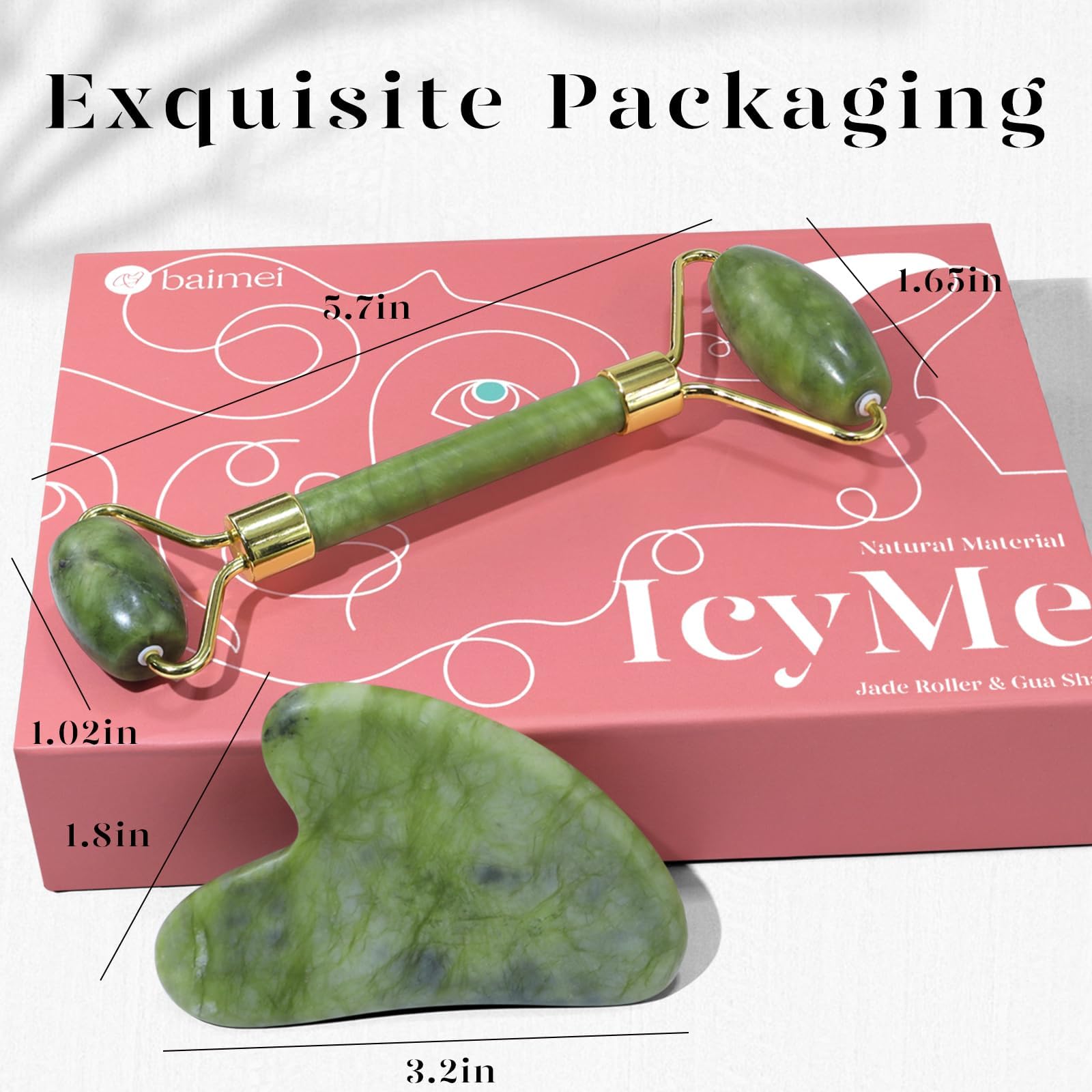 BAIMEI IcyMe Gua Sha & Jade Roller Set for Facial Sculpting and Relaxation | Cooling Face Roller & Guasha Tool for Face Depuffing & Jawline Definition, Beauty Skin Care Tool Gifts for Women–Green
