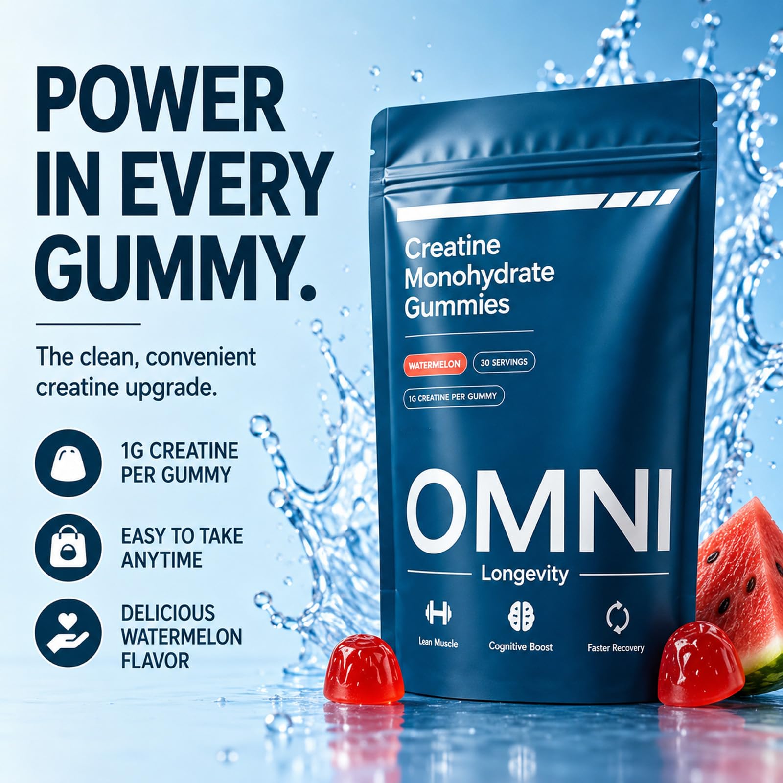 Creatine Monohydrate Gummies for Women & Men | Convenient & Easy to Take | Great Tasting Watermelon Flavor | 1g per Gummy, Low Sugar | 90 Count