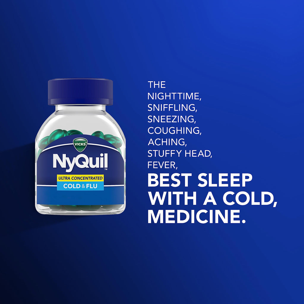 Buy now NyQuil Ultra Concentrated Cold and Flu Medicine, Nighttime, Relief for Cough, Sore Throat, Fever, Congestion, Easy to Swallow, Easy to Open Bottle, 48 LiquiCaps at indiglob india