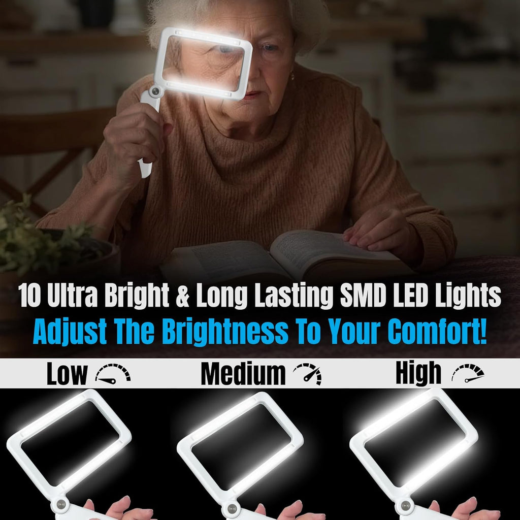 Buy now MAGNIPROS Rechargeable 4X Magnifying Glass with Light for Reading, Large Foldable LED Page Magnifier, Dimmable Handheld Rectangle Magnifier for Seniors, Small Print, Low Vision Books at indiglob india