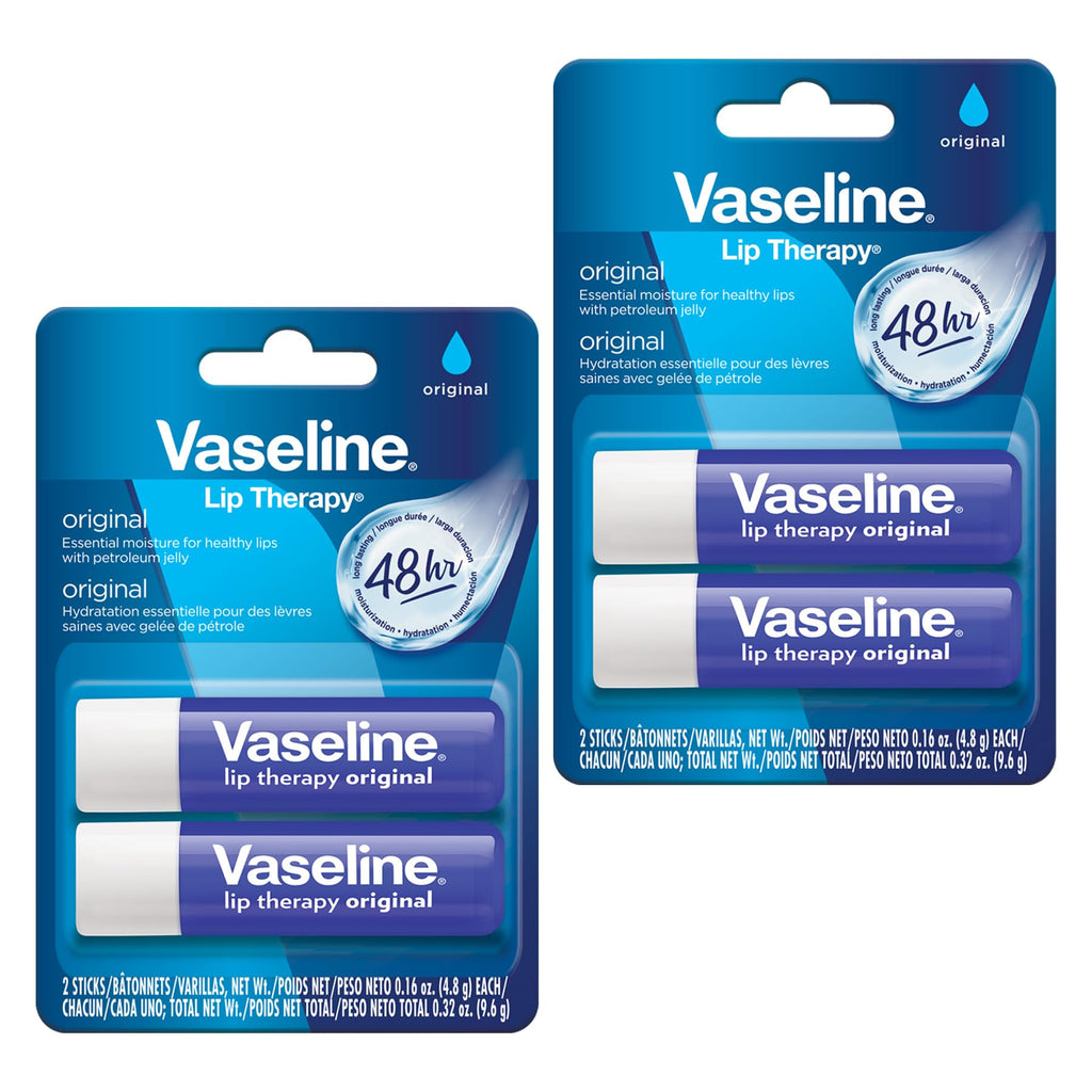 Vaseline Lip Therapy Care Original, Fast-Acting Nourishment, Ideal for Chapped, Dry, Cracked, or Damaged Lips, Lip Balm, 2-Pack of 2, 0.16 Oz Each, 4 Lip Balms