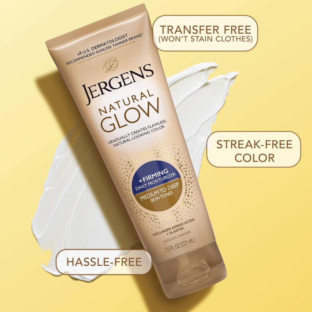 Jergens Natural Glow + Firming Daily Moisturizer Medium to Tan Skin Tones 7.5oz | Gradual Sunless Tanner, Collagen and Elastin, Firms Skin, Reduces Cellulite, Daily Moisturizer, Medium to Deep Skin Tone