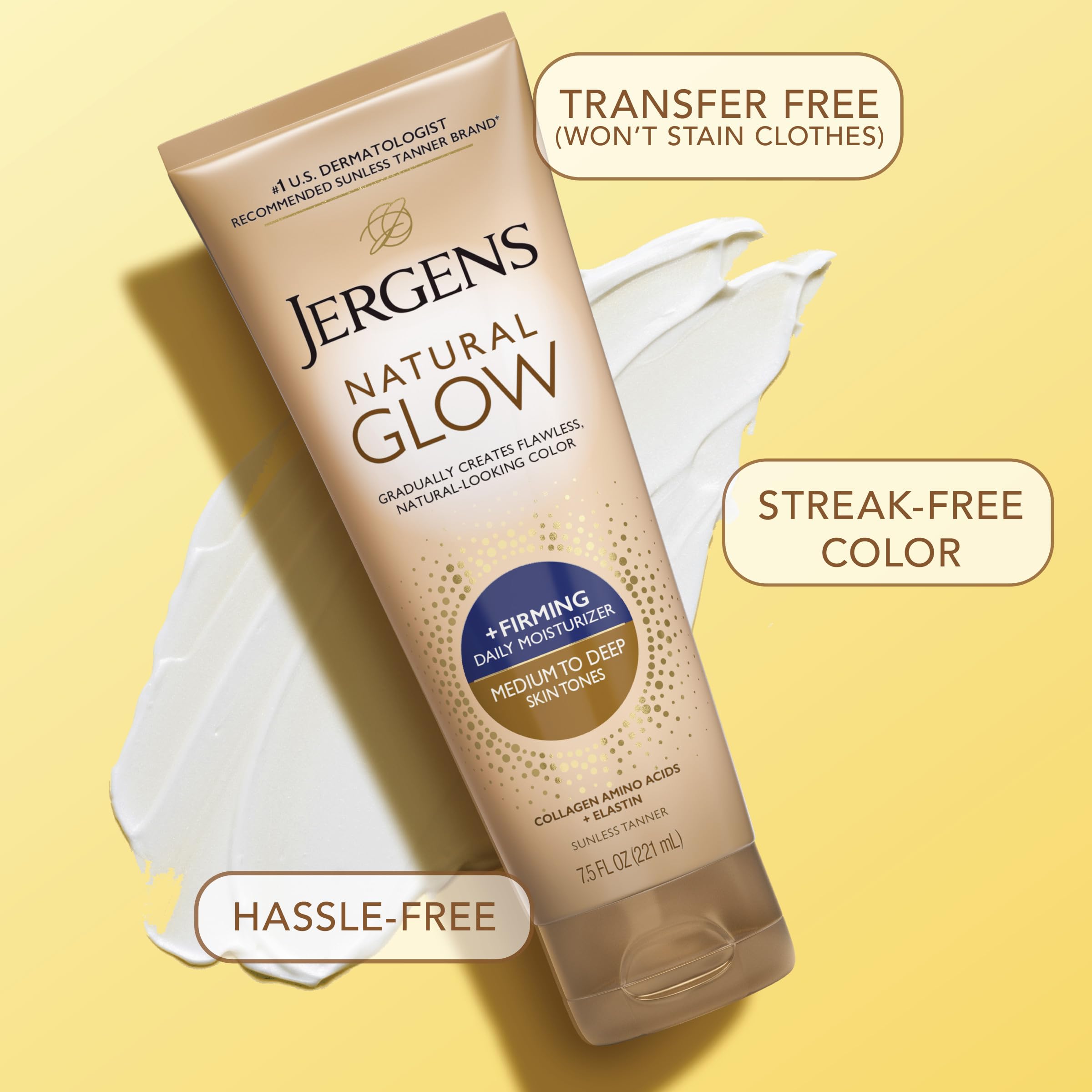 Jergens Natural Glow + Firming Daily Moisturizer Medium to Tan Skin Tones 7.5oz | Gradual Sunless Tanner, Collagen and Elastin, Firms Skin, Reduces Cellulite, Daily Moisturizer, Medium to Deep Skin Tone