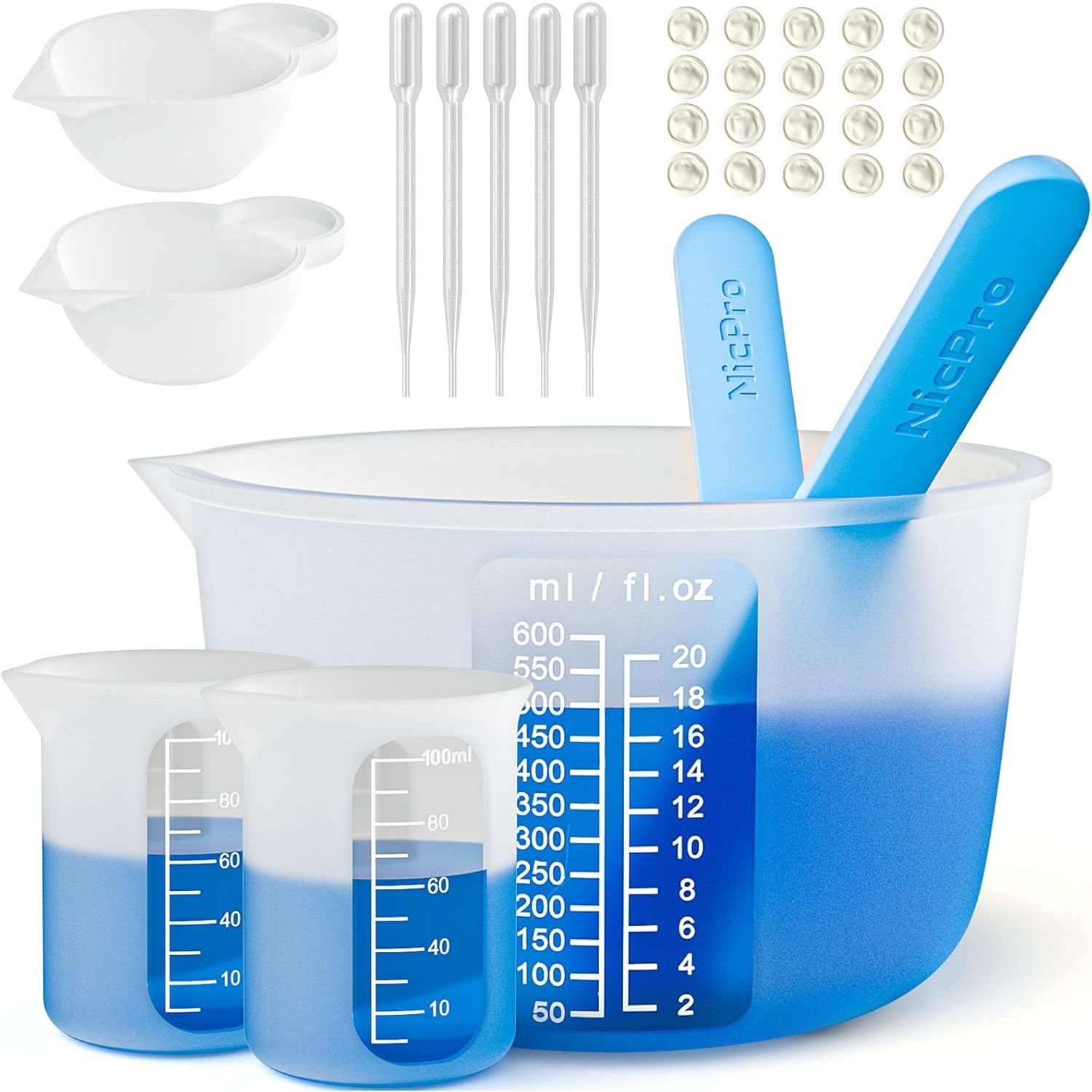 Buy now Silicone Resin Measuring Cups Tool Kit- Nicpro 250 & 100 ml Measure Cups, Silicone Popsicle Stir Sticks, Pipettes, Finger Cots for Epoxy Resin Mixing, Molds, Jewelry Making, Waxing, Easy Clean 600ml+100ml White at indiglob india